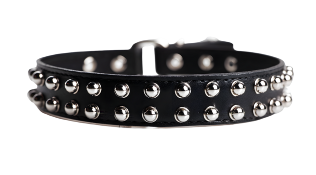Stylish black leather collar adorned with silver studs isolated on a transparent background, perfect for fashion or accessory related designs, silhouette