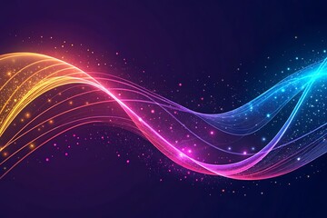 Obraz premium Abstract Glowing Waves: Vibrant Pink, Orange, and Blue Neon Lines with Sparkling Dust on Dark Purple Background