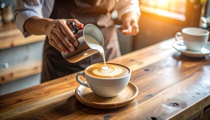 A photorealistic image of a cozy coffee shop with a barista preparing a fresh cup of coffee behind the counter. This image was generated using AI.