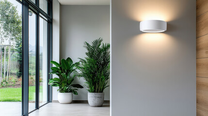 Modern interior design features plants, natural light, and stylish lighting