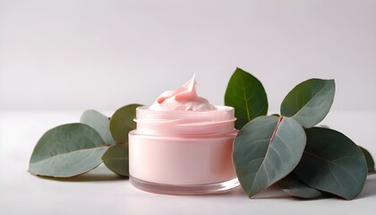 Face and body cream displayed on a soft background. This is the essence of care cosmetics infused with rose and eucalyptus. Emphasizing health and beauty. There's space to personalize it.