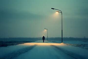 A distant figure walking through an empty street under the light of streetlamps, creating a dramatic, lonely scene, symbolizing isolation. 