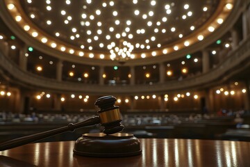A dramatic low angle shot of a grand courtroom with the blurry silhouette of a judge's chair with a sharply focused