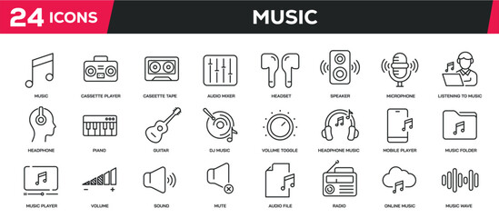 Set of collection line icons related music, audio, media player. Editable stroke. Perfect pixel on transparent background