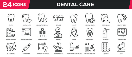 Set of collection line icons related dental care, dental health, dental clinic. Editable stroke. Perfect pixel on transparent background