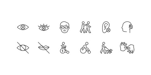 Set of outline icons related to disability, disabled helping utility tools. Linear icon collection. Editable stroke. Vector illustration