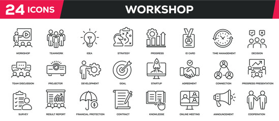 Set of collection line icons related workshop, project, teamwork, presentation. Editable stroke. Perfect pixel on transparent background