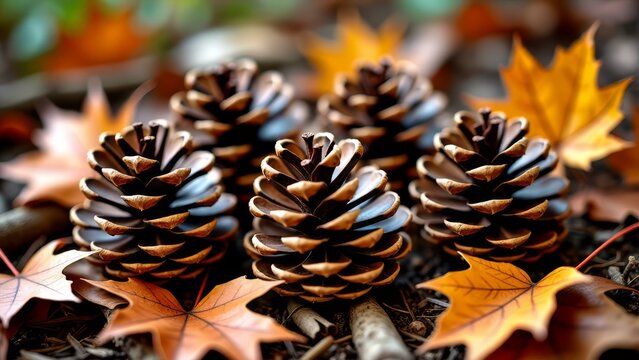 Autumnal pine cones on forest floor - Powered by Adobe