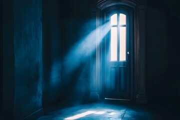Obraz premium A close up of a closed door with a thin crack of light coming through symbolizing the possibility of hope and opening up