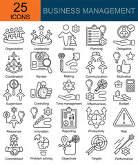  MENEJEMEN BISNIS icons in line style. Containing Organization, Leadership, Strategy, Planning, Delegation, Coordination, Review, Making, Communication, Motivation, Supervision, Controlling, Time man
