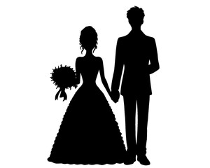 silhouette of bride and groom, silhouette of married couple, icon isolated on white background
