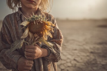 A child holding a wilting sunflower under extreme sun, dry land background, hopeful yet tragic tone.