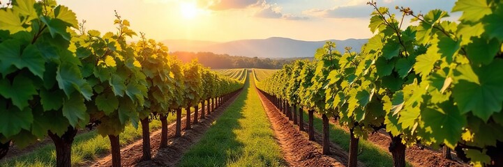 Naklejka premium Sun-drenched Vineyard Rows Lush Green Vines Heavy with Grapes, Picturesque Winery Setting Ideal for Wine Labels, Websites & Marketing