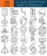 Cloud adoption map strategy  icons in line style. Containing plan, describe, step, technology, cloud, organization, evaluation, migration, optimization, business, Service, implementation and more 