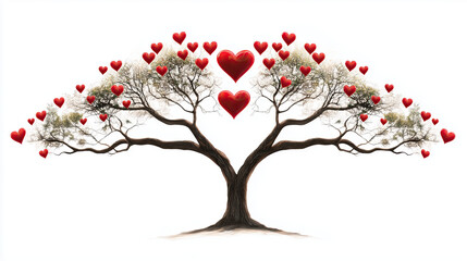 Beautiful tree with heart shaped canopy, adorned with red hearts, symbolizes love and connection. This artistic representation evokes feelings