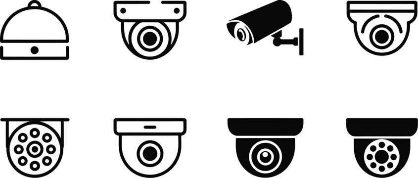 Various security camera and service bell icons in black and white style