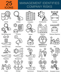 Fototapeta premium Management identifies company risks icons in line style. Containing identify, analyze, evaluation, handling risks, business risk management, company, review, objective, business objectives and more