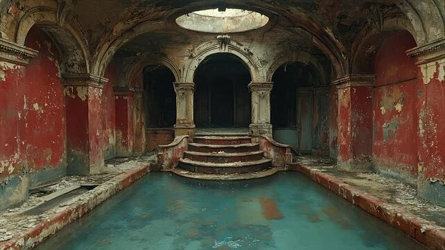Decaying red interior with pool and arched entryway