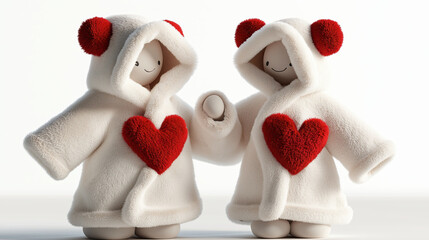 Cuddly plush toys wearing cozy hooded jackets with heart designs, perfect for expressing love and warmth. Ideal for Valentine Day gifts
