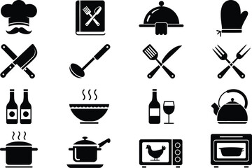 Obraz premium Illustration of kitchen and cooking related icons in black and white
