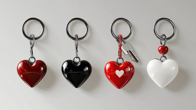 Heart shaped keychains in red, black, and white colors, symbolizing love and affection, perfect for Valentine Day gifts