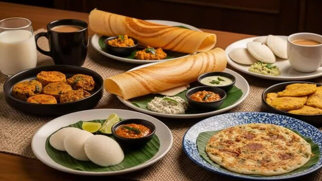 Delicious south indian breakfast dosa idli vada with milk and tea food photography video 4k