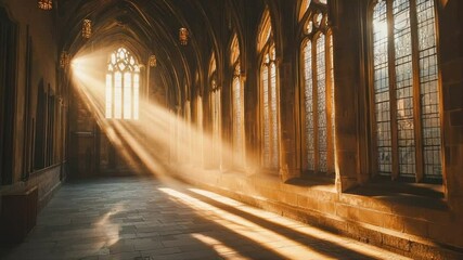 Sunbeams illuminate a stone corridor with Gothic architecture and stained glass windows - Powered by Adobe