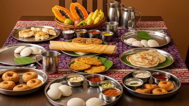 Authentic south indian breakfast: dosa, idli, vada, pongal, uttapam, sambar, chutney, fruits video 4k