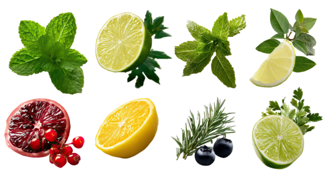Collection of Fresh Drink Garnish Elements Including Mint