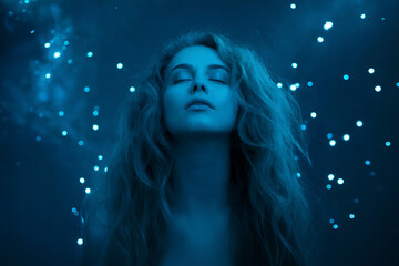 A moody artistic portrait photograph with a deep blue color palette. A young woman with long wavy blonde hair is shown from the shoulders up, with eyes closed in a serene expression. 