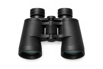Black binoculars resting on transparent surface, ideal for professional design mockups and visual communication graphics
