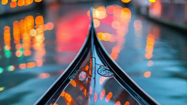 Gondola prow reflecting colorful lights on water