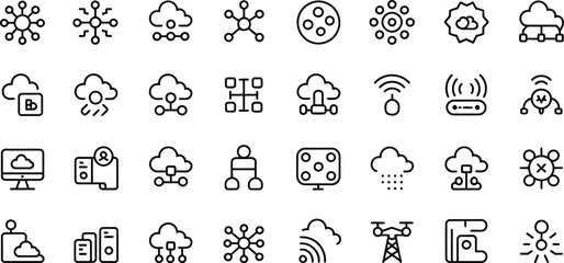 A collection of various black and white network and cloud icons set out