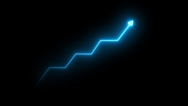 Neon blue color business growth rising arrow. business chart growth concept. neon business graph concept in black background	