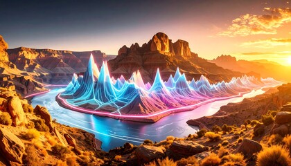 stunning sunset over a canyon landscape with a vibrant digital data flow overlay. futuristic and abstract image perfect for tech, data visualization, and nature themes.