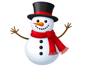 Untitled design - Cheerful Cartoon Snowman Waving Hand in Red Scarf and Black Hat, isolated on a transparent background