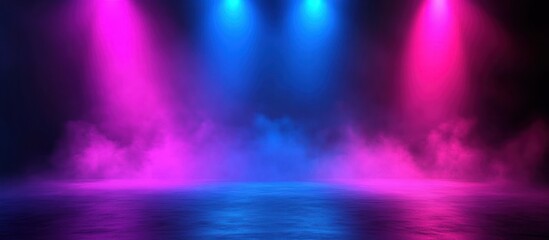 Illuminated stage shrouded in mystique with vibrant magenta and cyan spotlights