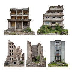 Four destroyed buildings isolated on white background