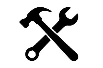 Silhouette of crossed hammer and wrench on transparent background