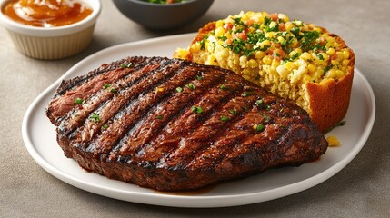 Grilled steak served with a side of cornbread stuffed with vegetables, presented on a white plate with a small bowl of sauce.