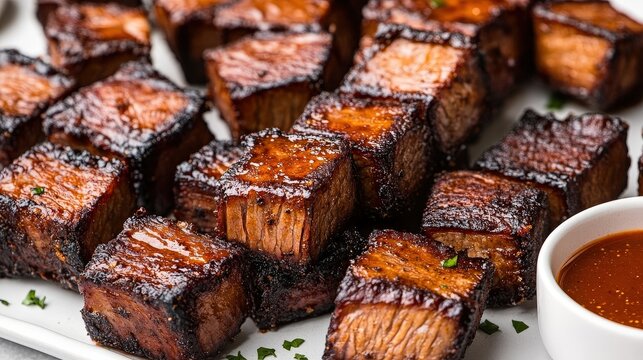Juicy, glazed burnt ends of smoked brisket served on a plate with barbecue sauce for dipping.