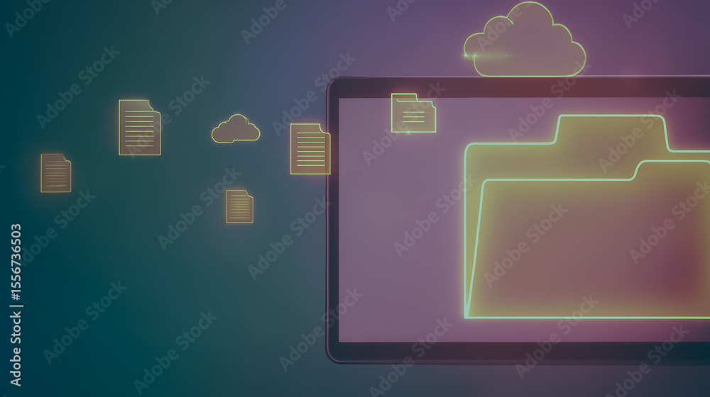Poster cloud and device data flow: an illustration of files flowing between a cloud icon and device, symbol