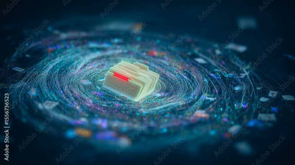 Poster digital universe of files: a glowing digital file folder at the heart of a mesmerizing vortex of dat