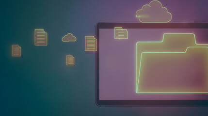 Cloud and Device Data Flow: An illustration of files flowing between a cloud icon and device, symbolizing seamless data transfer and connectivity in a connected world.