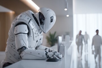 A humanoid robot working at a customer service desk, humans walking away in background, contrast between machine efficiency and human emotion, cool sterile lighting.