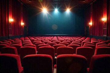Fototapeta premium Empty Plush Velvet Theater Seats Await the Audience Rows of benches gleam under stage lights, ready for a performance. Classic theater interior, anticipating the magic of live arts.
