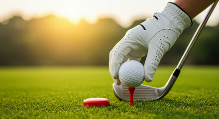 Gloved hand placing golf ball on course
