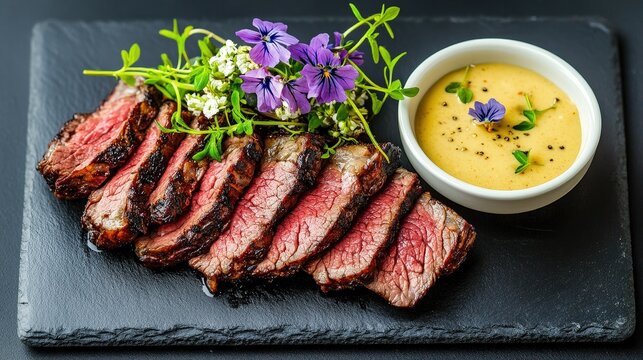 Sliced grilled steak with edible flowers and herbs, served on a slate plate with a creamy dipping sauce.