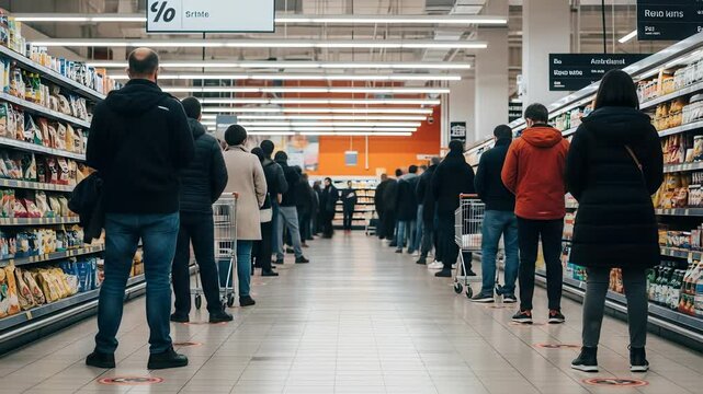 People waiting in a long queue inside a busy supermarket aisle