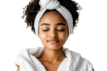 Elegant young woman enjoying skincare treatment with soft towel and headband, relaxing moments of self-care and beauty routine at home or a salon